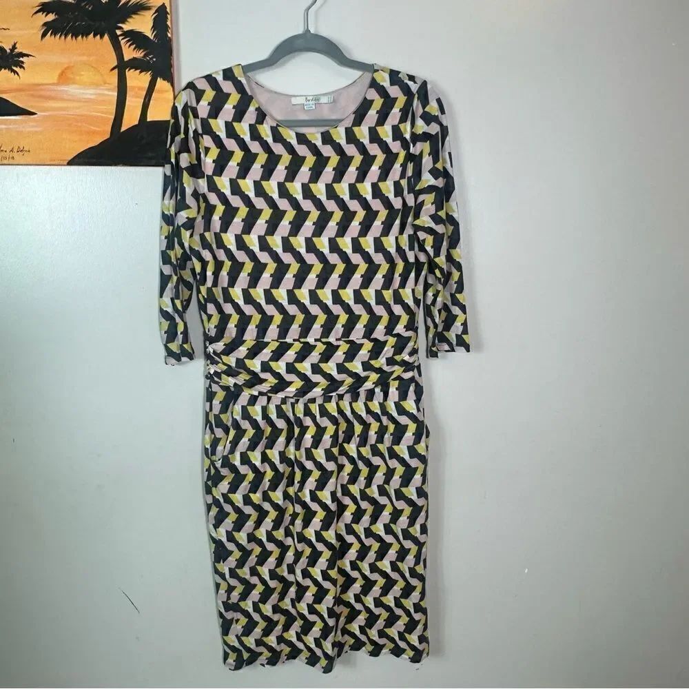 Boden Black and Tan Sheath Midi Dress with 3/4 Sleeves